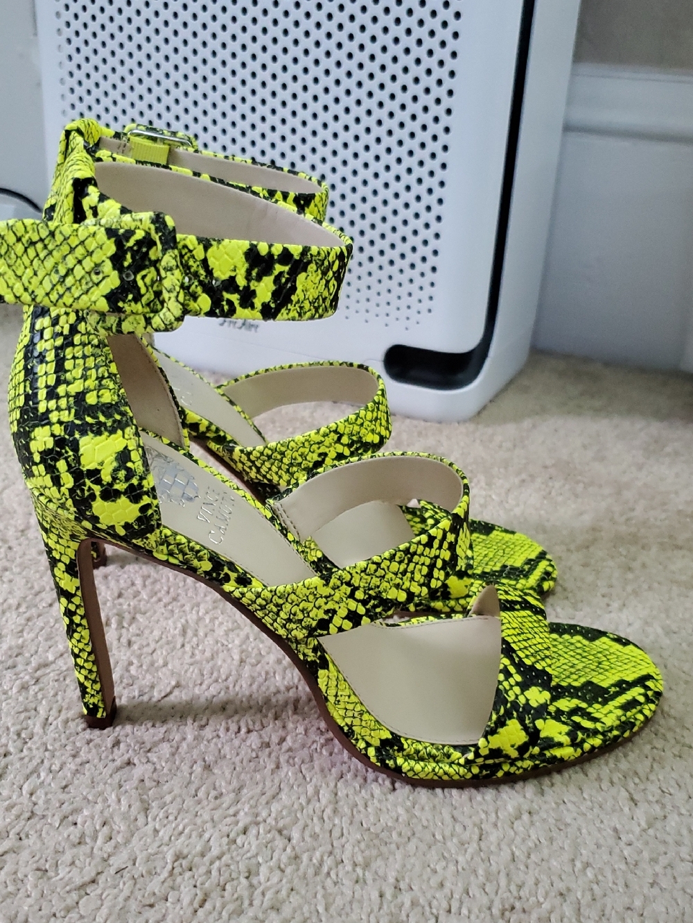 Vince Camuto Neon Yellow Snake-Print Strappy High Heels